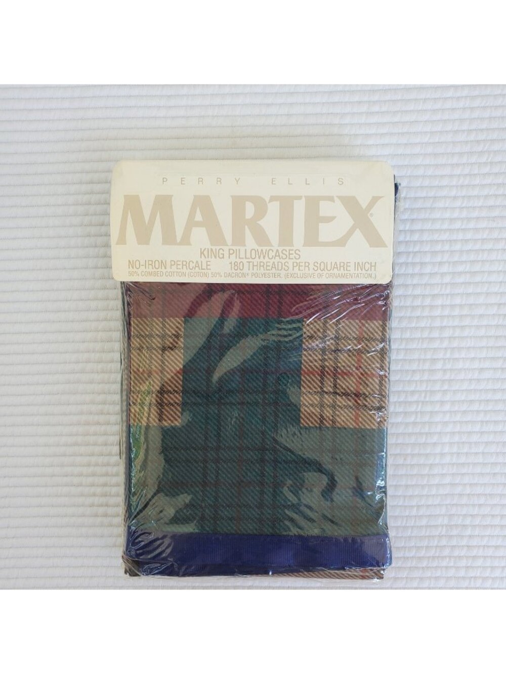Martex Perry Ellis King Pillowcases Plaid Vintage No Iron Percale 2 Pack 50/50